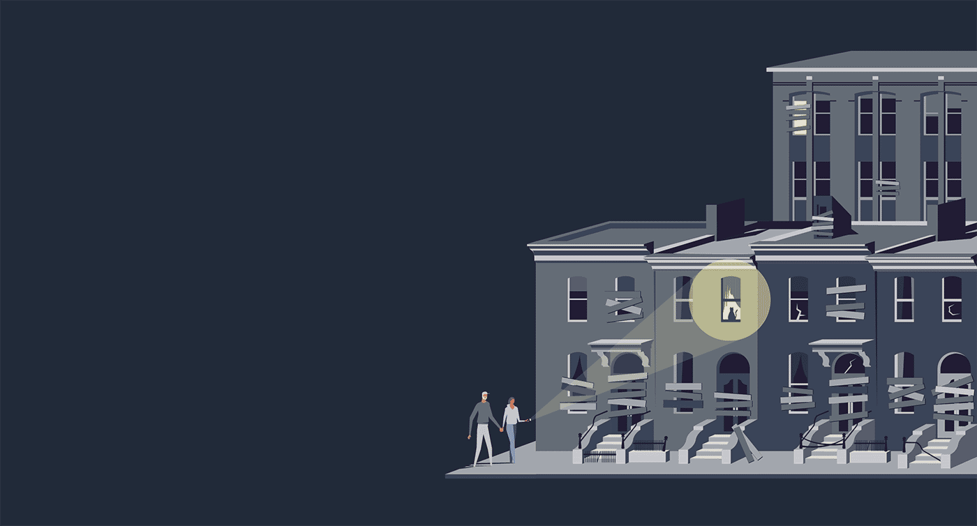 illustration of two people walking through a derelict neighborhood with a single illuminated window; one of the people is pointing a flashlight at a window where a cat is perched